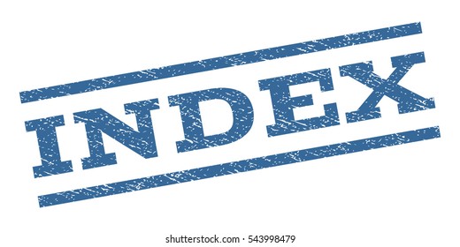 Index watermark stamp. Text caption between parallel lines with grunge design style. Rubber seal stamp with dirty texture. Vector cobalt blue color ink imprint on a white background.