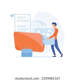 indexing of information concept, businessman office worker adds file to big folder,  flat vector modern illustration