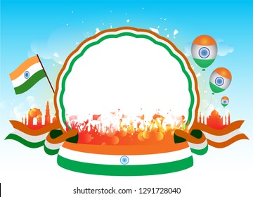 India 15th August Independence Day celebration background with tricolor balloon, red fort, monument, people and confetti. Vector Illustration