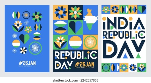 India 26 January republic day geometric illustration collection set. For greeting card, poster, book cover, banner, post design.