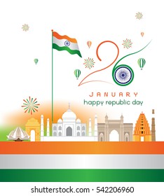 India 26th January Vector, Illustration of Happy Republic Day of India, Landmark Travel,