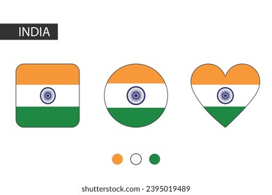 India 3 shapes (square, circle, heart) with city flag. Isolated on white background.