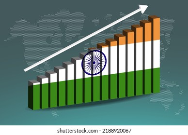 India 3D bar chart graph vector, upward rising arrow on data, country statistics concept, India country flag on 3D bar graph, increasing values, news banner idea