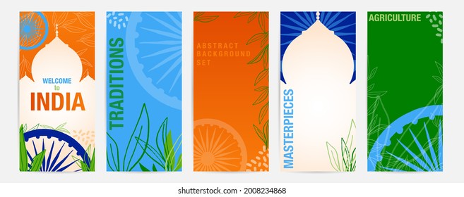 India abstract colorful flyer template set with Taj Mahal, hand-drawn Ashoka Chakra wheel, tea leaf graphic elements. Trendy Indian background for social media, web site banner, brochure cover.