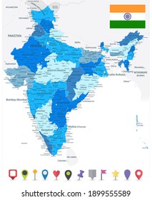India Administrative Blue Map and Flat Map Icons. Vector illustration.