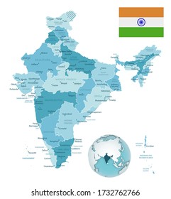 India administrative blue-green map with country flag and location on a globe. Vector illustration