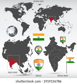 India administrative divisions map, Earth globe, World and Europe maps showing country location and India flags icon set.