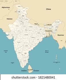 Mapa vectorial de divisiones administrativas de la India con países vecinos