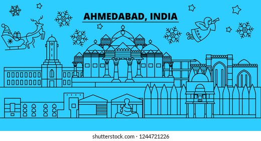 India, Ahmedabad winter holidays skyline. Merry Christmas, Happy New Year decorated banner with Santa Claus.India, Ahmedabad linear christmas city vector flat illustration