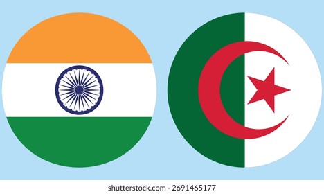 Vector de bandera circular de India y Argelia con fondo azul claro 