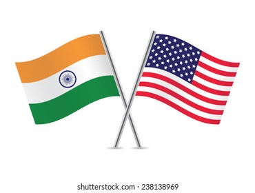 India and America crossed flags. Indian and American flags isolated on white background. Vector icon set. Vector illustration. 