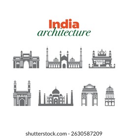 India architecture, culture, vector silhouette view of buildings