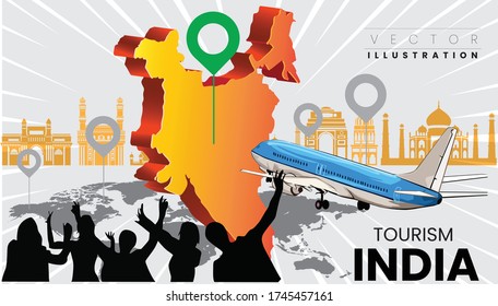 India Architecture Landmarks Skyline, Shape, Cityscape, Travel and Tourist Attraction and 3D Indian Map