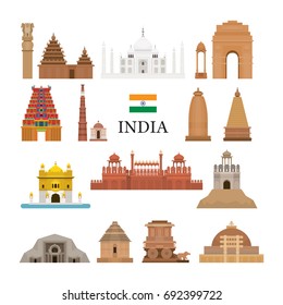 India Architecture Objects Icons Set, Landmarks, Travel and Tourist Attraction