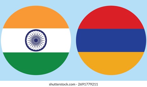 Indien und Armenien, kreisförmiger Fahnenvektor mit hellblauem Hintergrund 