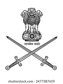 Ilustración vectorial del escudo de armas de la India aislada. Orgulloso símbolo de las tropas indias. Emblema soldado del ejército nacional. Anuncio patriótico. Aviación de la fuerza aérea, marina, fuerzas terrestres, misiles. Espadas cruzadas COA.