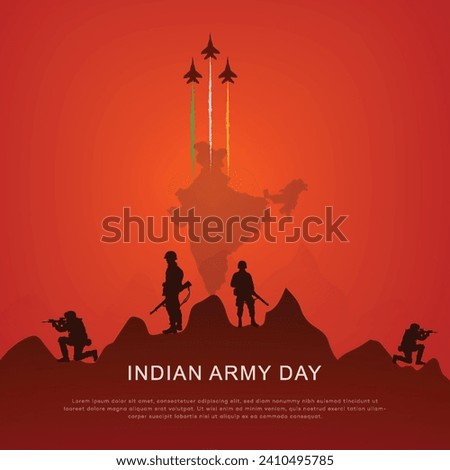 India Army Day poster design | soilder, silhouette. flag, of India. Patriotic Vector, illustration | Indian army day post Creative Design| 15 January | social media, post,advertising, army, background