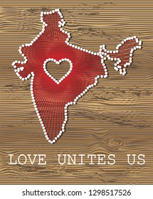 India art vector map with heart. String art, yarn and pins on wooden board texture. Love unites us. Message of love.