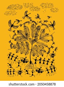 India Art Of Warli Painting Showing Celebration Of Rural Area With Wild Life, Vector And Illustration 