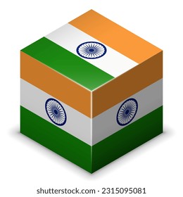 India (Asia) (Indian) (Hindi, English) National Flag, Country Emblem 2.5D Isometric Projection Cube Symbol Gloss Plastic Symmetry Square Design Isolated on White Background