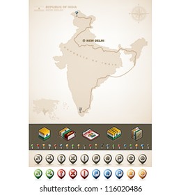 India and Asia maps, plus extra set of isometric icons & cartography symbols set