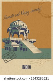 India Attraction Postcard, Gadisar Lake Illustration, Vector Template Retro Stil Grußkarte mit Handschrift Wunsch. Postaufdruck, gereifte Papierstruktur