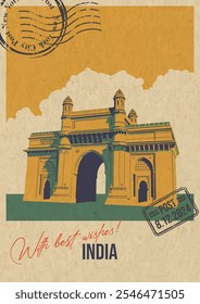 India Attraction Postcard, Getaway of India Illustration, Vector Template Retro Stil Grußkarte mit Handschrift Wunsch. Postaufdruck, gereifte Papierstruktur