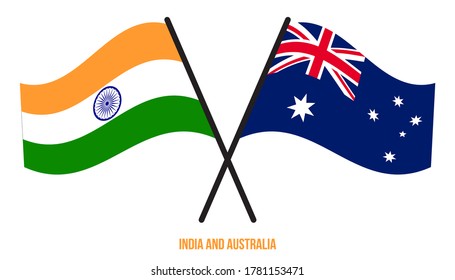 India and Australia Flags Crossed And Waving Flat Style. Official Proportion. Correct Colors.