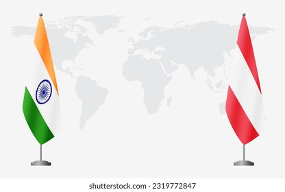 Banderas de India y Austria para una reunión oficial en el fondo del mapa mundial.