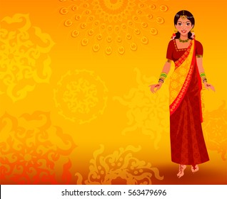 India background with girl in red sari.