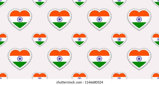 India background. Indian flag seamless pattern. Vector stickers. Love hearts symbols. Good choice for sports pages, travelling, language courses designs. patriotic repeated wallpaper.