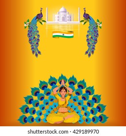 India background with an Indian woman meditating. Sights and attractions in India. Vector illustration.