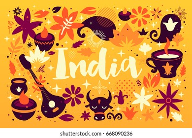 India background/banner template with abstract, floral and national elements. Useful for traveling advertising and web design.