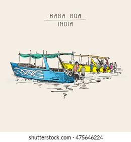 India Baga Beach sketch drawing with two boats ashore, retro style travel poster postcard template with hand lettering inscription, vector illustration
