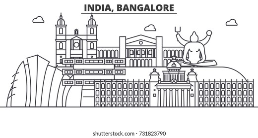 India, Bangalore architecture line skyline illustration. Linear vector cityscape with famous landmarks, city sights, design icons. Landscape wtih editable strokes