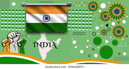 India banner for national day with abstract modern design. India flag and map with typography. raised fists and embroidery background. independence day. Vector Illustration.