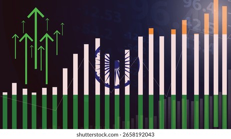 India gráfico de barras con altibajos, valores crecientes, India bandera del país en gráfico de barras, flecha ascendente hacia arriba en los datos, idea de Anuncio de noticias, concepto de país en desarrollo