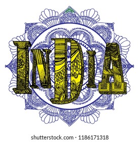 India. Beautiful letters with patterns. Drawing by hand, meditative coloring. Ethnic style, yoga.
