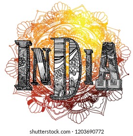 India. Beautiful letters with patterns. Drawing by hand, meditative coloring. Ethnic style, yoga.