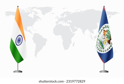 India and Belize flags for official meeting against background of world map.