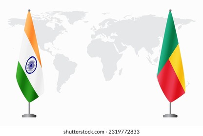 India and Benin flags for official meeting against background of world map.