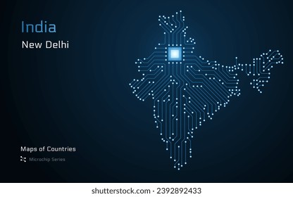 India Bharat Glowing Map with a capital of New Delhi Shown in a Microchip Pattern. E-government. World Countries vector maps. Microchip Series