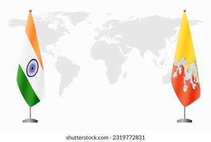 India and Bhutan flags for official meeting against background of world map.