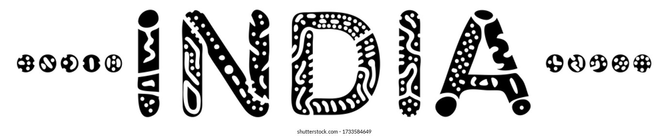 India. Black on white isolate inscription. Curves doodle freaky letters. India for print, clothing, Indian t-shirt, souvenir, booklet, banner, flyer, card, tourist advertising. Stock vector picture.