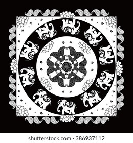 India. Black and white ethnic bandana print with beautiful flowers, paisley and elephants. Summer kerchief square pattern design style for print on fabric. Mandala.