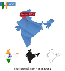 India blue Low Poly map with capital New Delhi, versions with flag, black and outline. Vector Illustration.