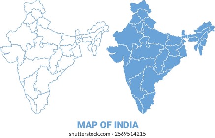 India Blue map flat regions border outline vector illustration