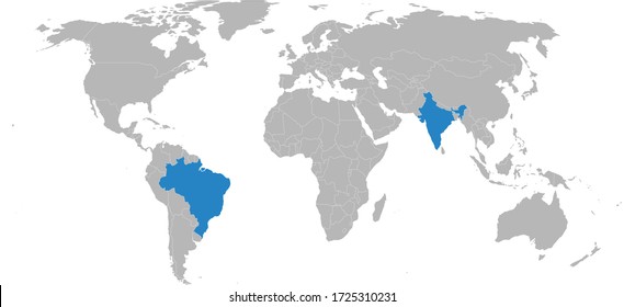 India, Brasil, países aislados en el mapa mundial. Fondo gris claro. Conceptos y antecedentes empresariales.