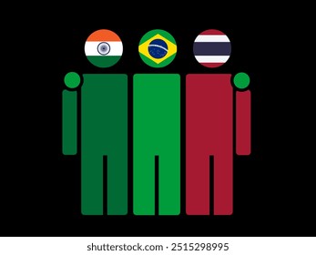 India, Brazil, and Thailand National Flags With Embracing Body. Vector Illustration. Isolated background.