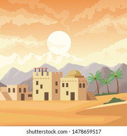 India buildings in the desert at sunnyday with palms and mountains scenery cartoon vector illustration graphic design
